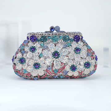 Silver Blue in Blues Floral Leaves Rhinestone Embellished Small Wedding Clutch, Statement Bag, Evening Wedding Clutch, Cross Body Bag